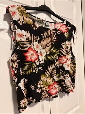 Hurley Black Floral Tie-Shoulder Tank with Coral & White Blooms. Slight Crop
